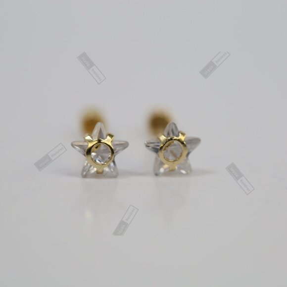 14K Solid Gold Clear Star Stud Earrings • Faceted Crystal Look. - Picture 3 of 8